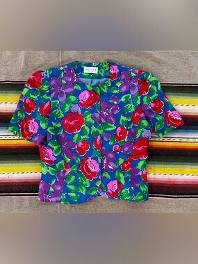 Vintage Papell Petites Silk Floral Short Sleeve Top